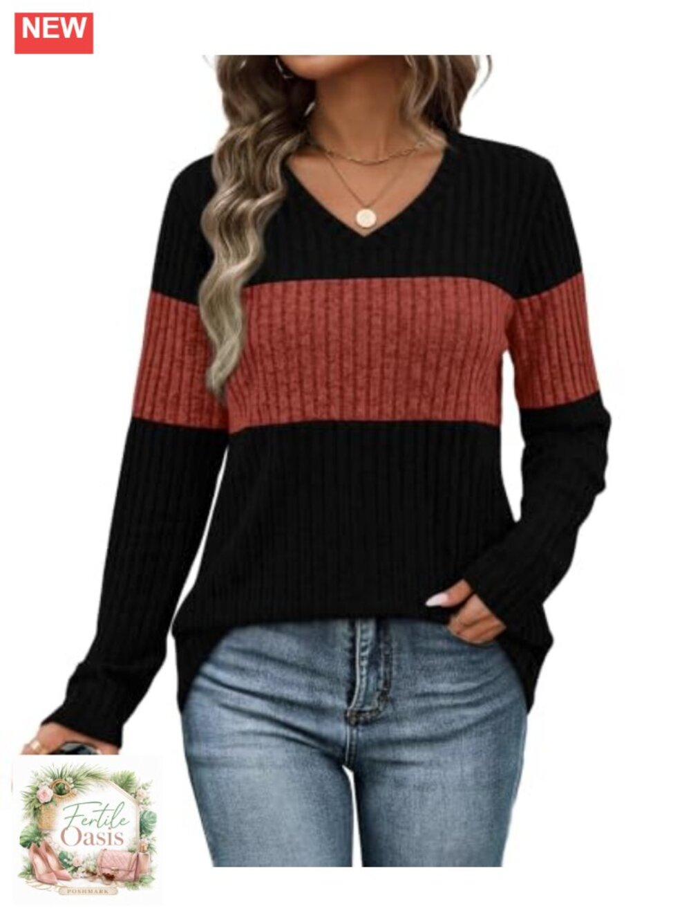 Womens V-Neck Tunic Sweater Color Block Long Sleeve Lightweight